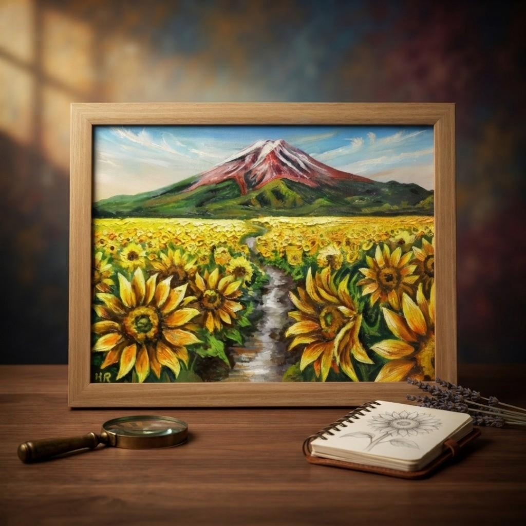 【原画/額縁付き】油絵・A4サイズ『富士へと続く黄金の道』ひまわりと富士山の風景画・開運風水インテリア