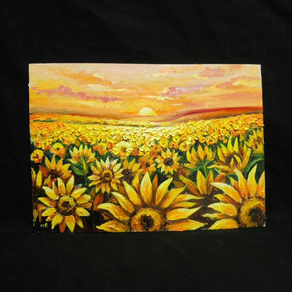 【油絵原画】ひまわり畑の夕暮れ「陽光のシンフォニー」A4額縁付き(夏・インテリア・油彩画)