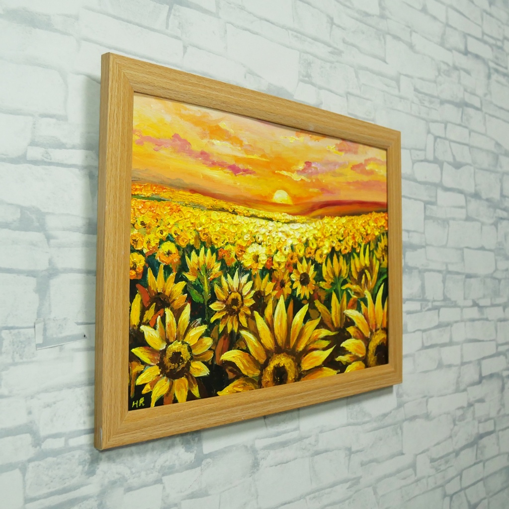 【油絵原画】ひまわり畑の夕暮れ「陽光のシンフォニー」A4額縁付き(夏・インテリア・油彩画)