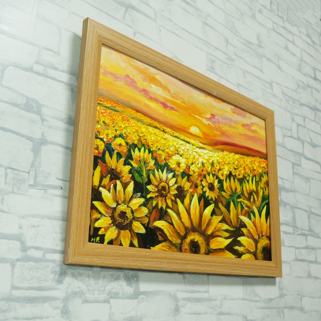 【油絵原画】ひまわり畑の夕暮れ「陽光のシンフォニー」A4額縁付き(夏・インテリア・油彩画)