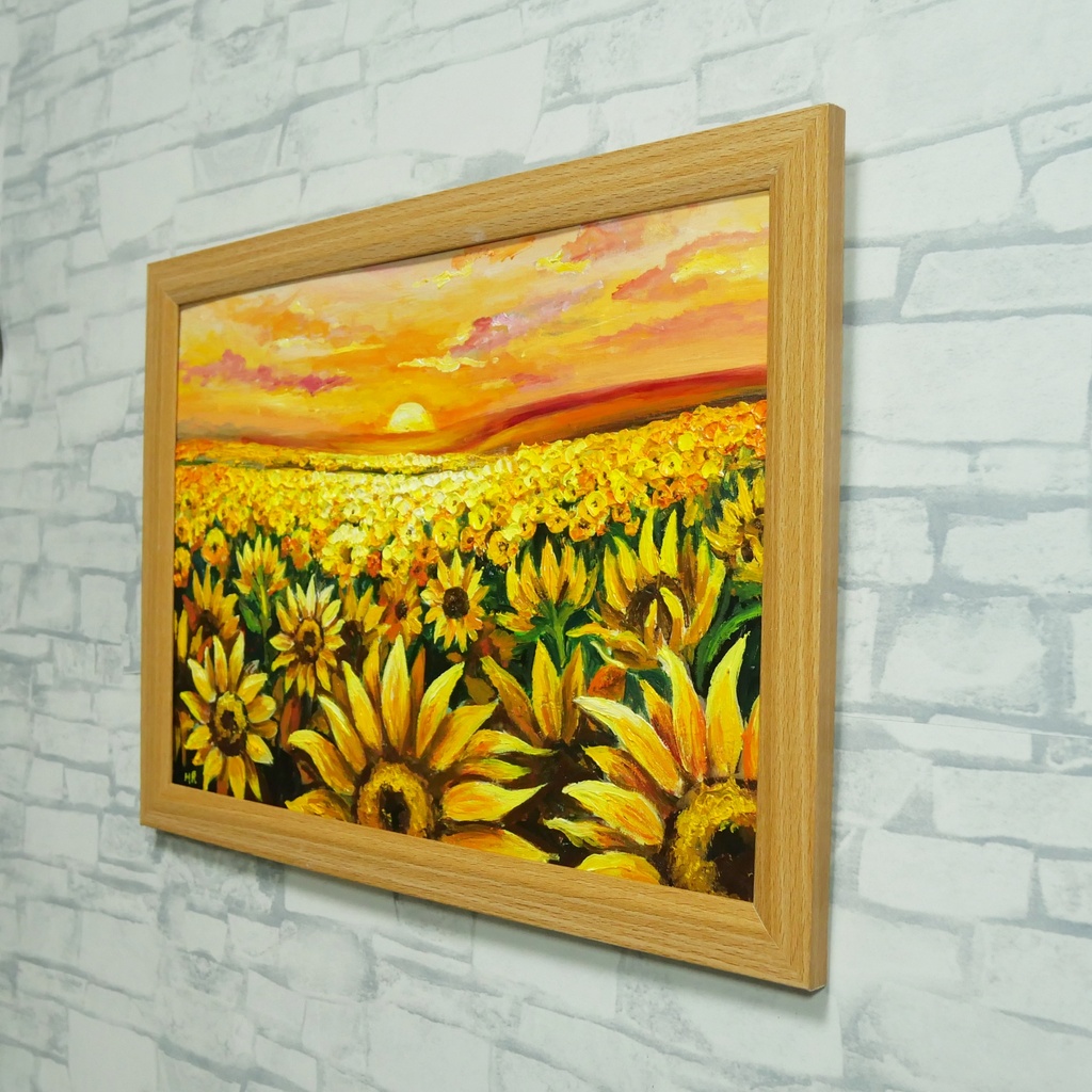 【油絵原画】ひまわり畑の夕暮れ「陽光のシンフォニー」A4額縁付き(夏・インテリア・油彩画)