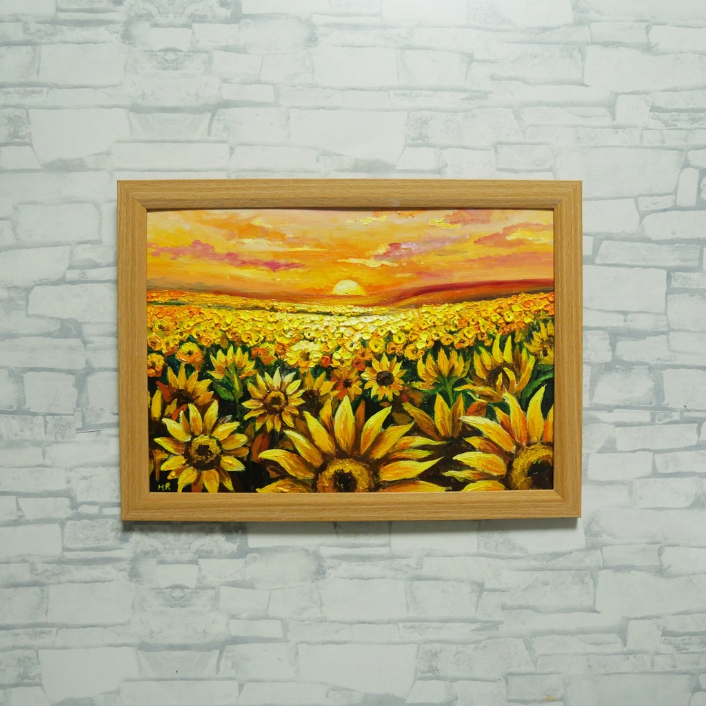 【油絵原画】ひまわり畑の夕暮れ「陽光のシンフォニー」A4額縁付き(夏・インテリア・油彩画)