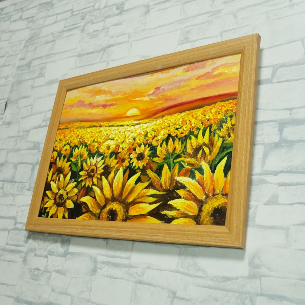 【油絵原画】ひまわり畑の夕暮れ「陽光のシンフォニー」A4額縁付き(夏・インテリア・油彩画)