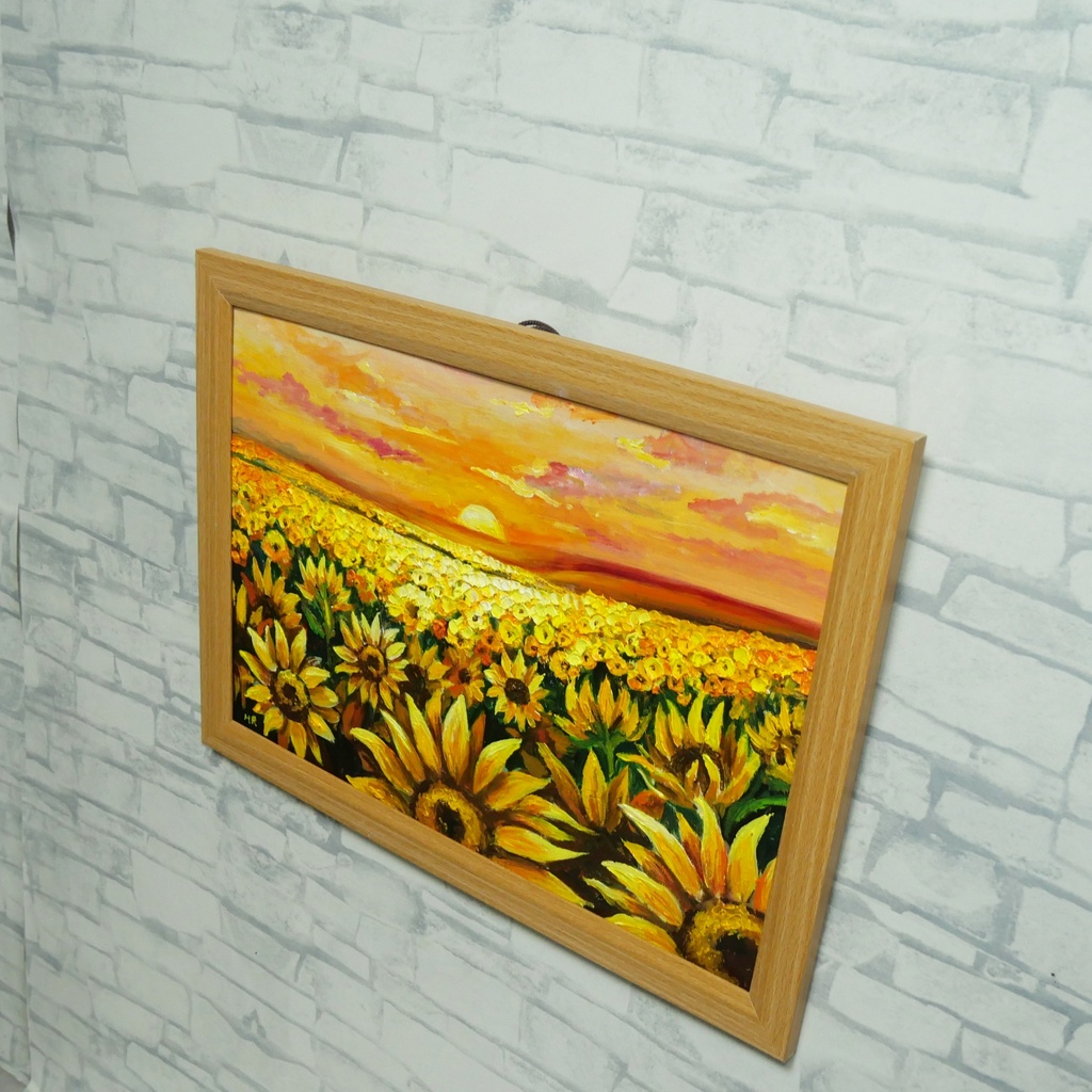【油絵原画】ひまわり畑の夕暮れ「陽光のシンフォニー」A4額縁付き(夏・インテリア・油彩画)