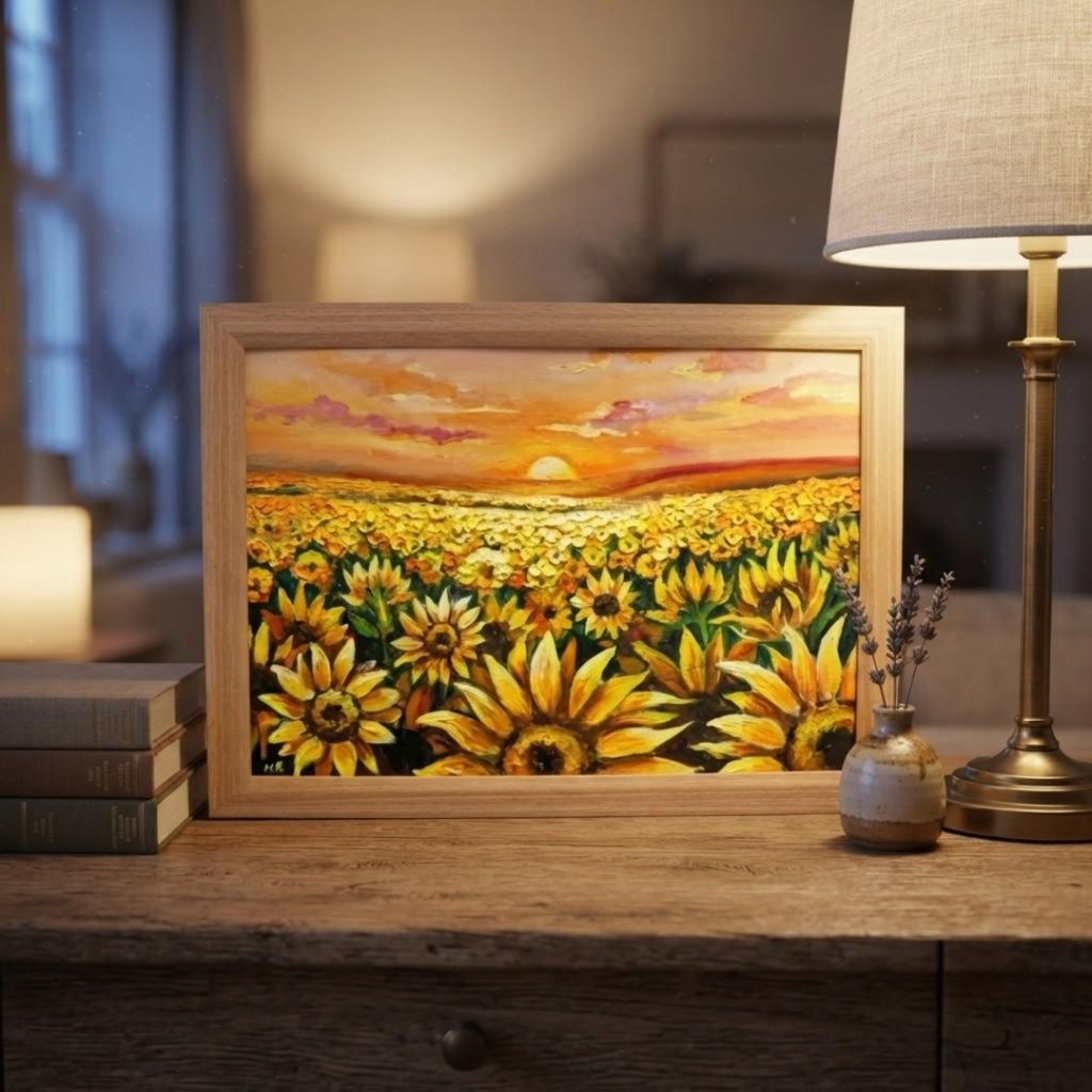 【油絵原画】ひまわり畑の夕暮れ「陽光のシンフォニー」A4額縁付き(夏・インテリア・油彩画)