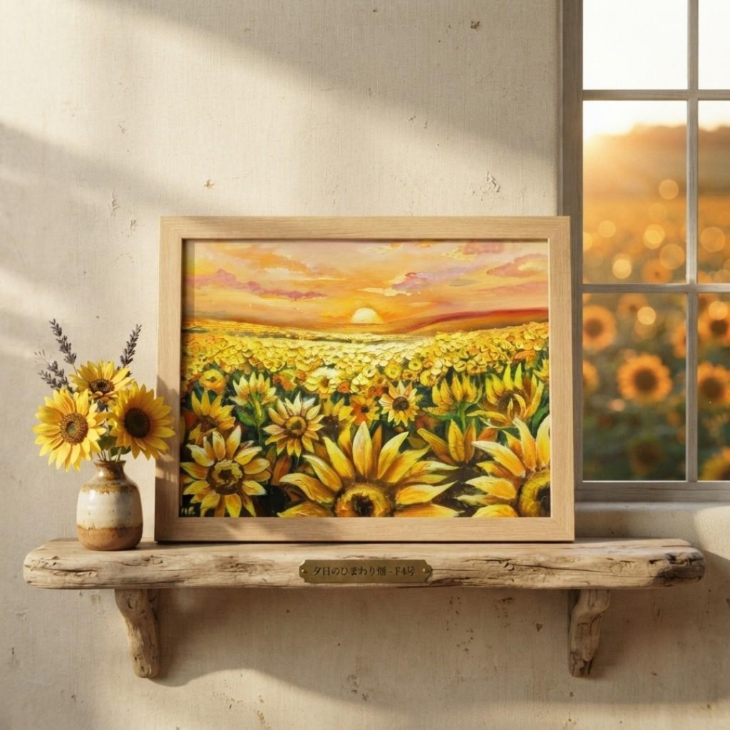 【油絵原画】ひまわり畑の夕暮れ「陽光のシンフォニー」A4額縁付き(夏・インテリア・油彩画)