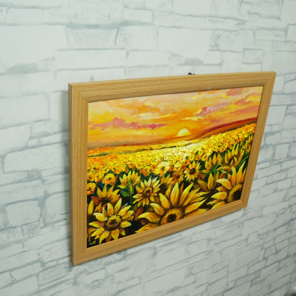 【油絵原画】ひまわり畑の夕暮れ「陽光のシンフォニー」A4額縁付き(夏・インテリア・油彩画)