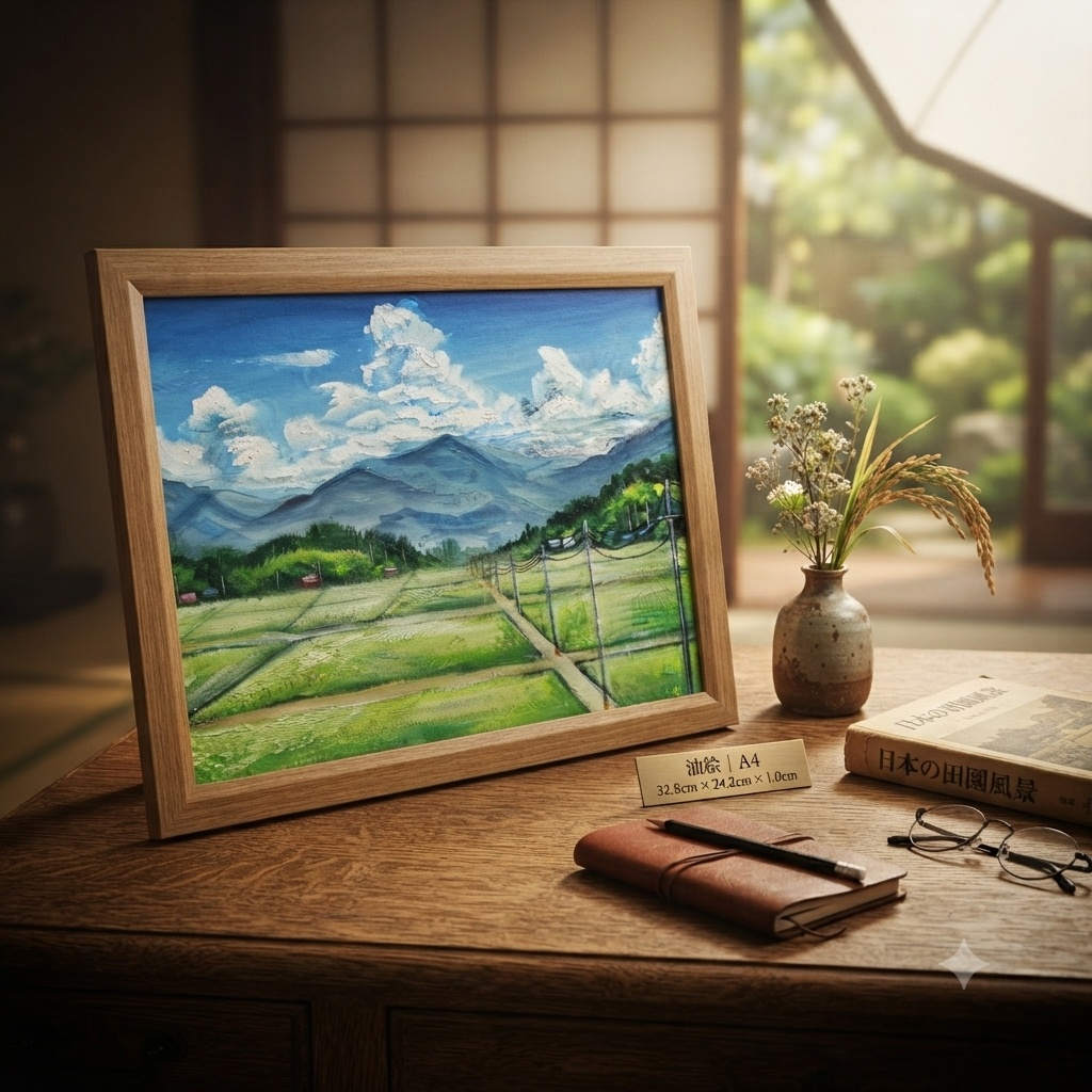 油彩画『あの夏の帰り道』青空と田んぼのノスタルジック風景画(額装済)
