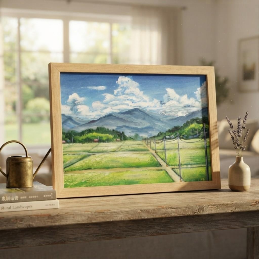 油彩画『あの夏の帰り道』青空と田んぼのノスタルジック風景画(額装済)