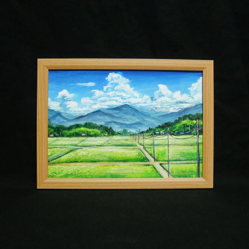 油彩画『あの夏の帰り道』青空と田んぼのノスタルジック風景画(額装済)