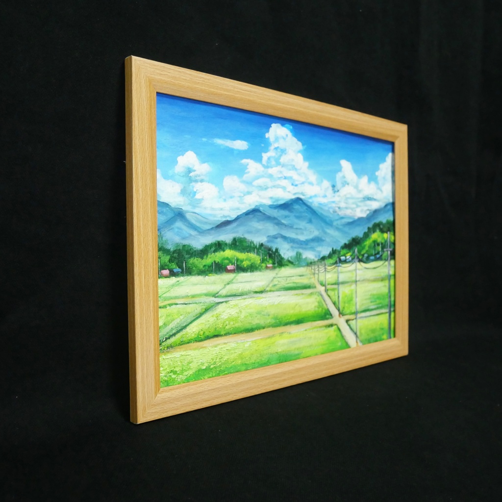 油彩画『あの夏の帰り道』青空と田んぼのノスタルジック風景画(額装済)