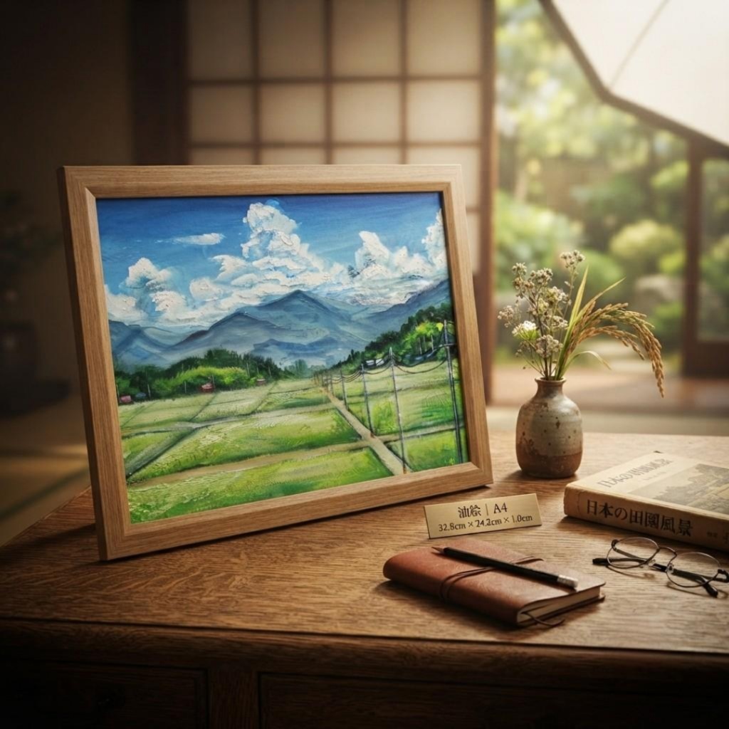 油彩画『あの夏の帰り道』青空と田んぼのノスタルジック風景画(額装済)