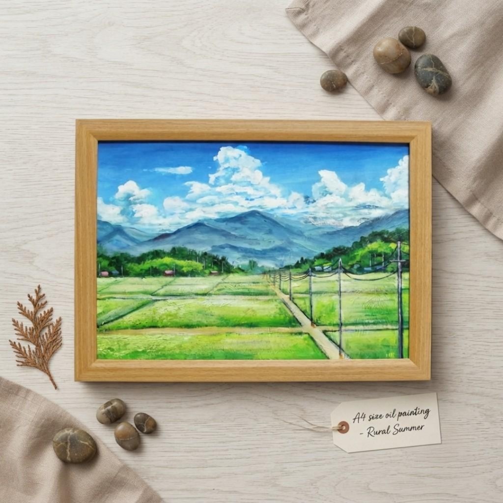 油彩画『あの夏の帰り道』青空と田んぼのノスタルジック風景画(額装済)
