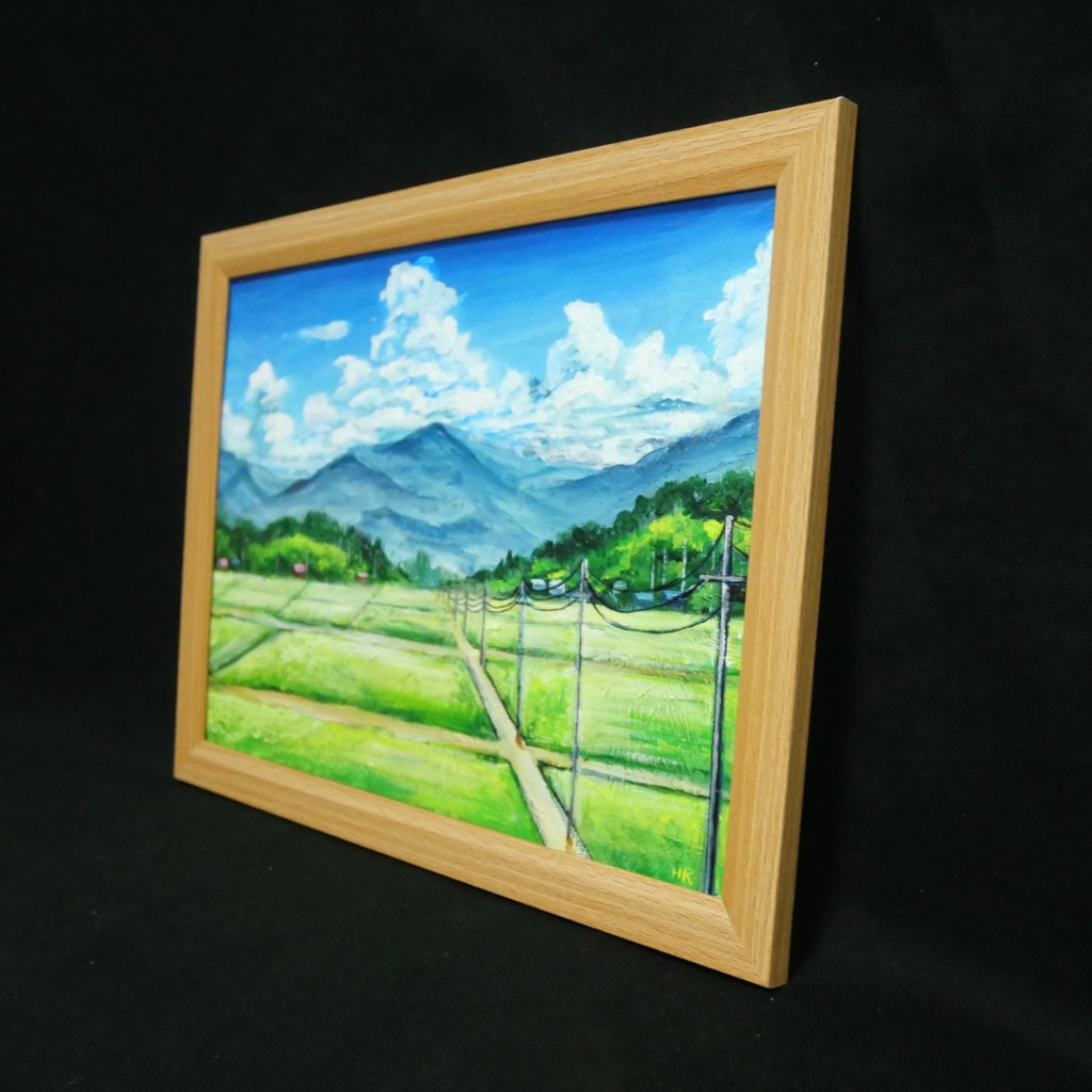 油彩画『あの夏の帰り道』青空と田んぼのノスタルジック風景画(額装済)
