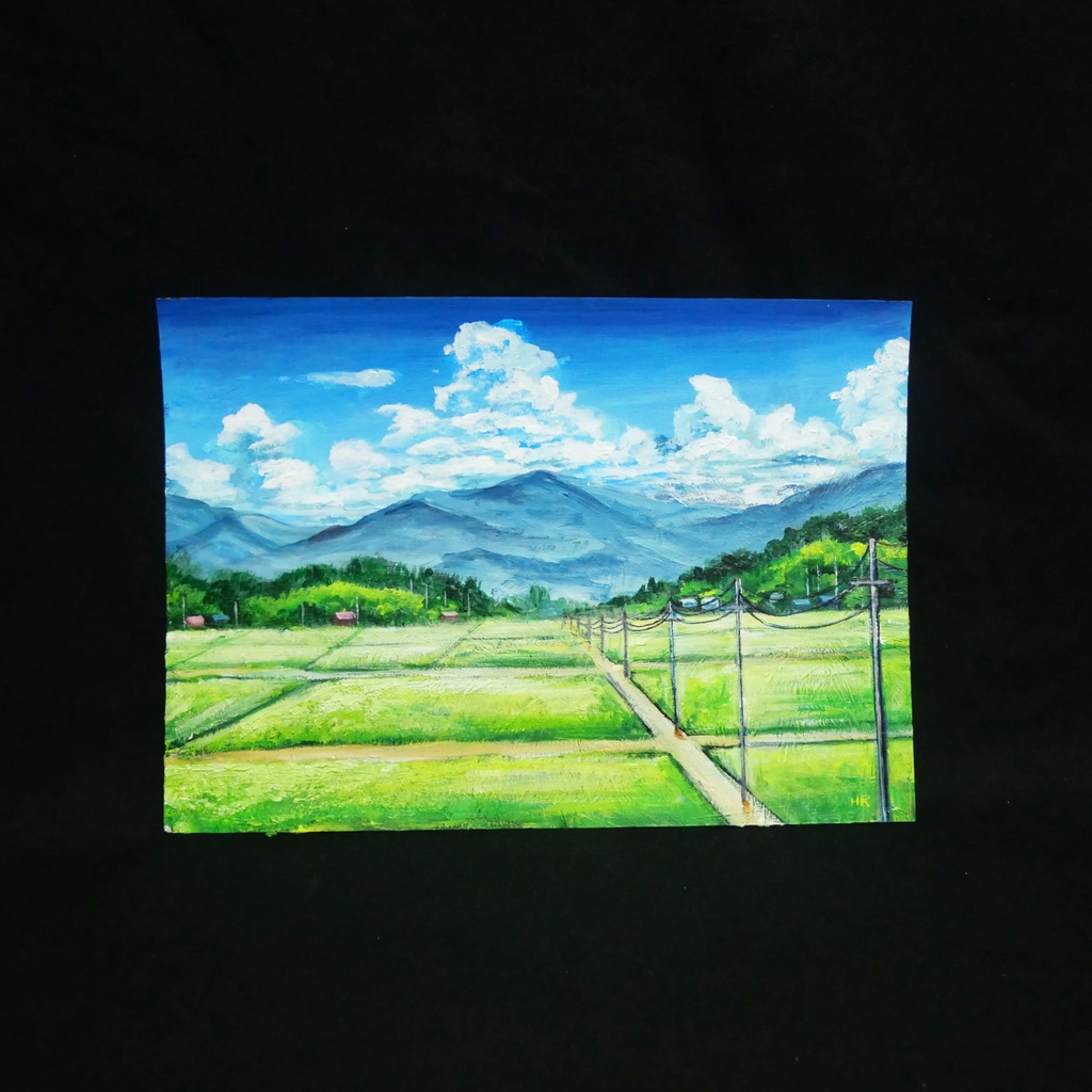 油彩画『あの夏の帰り道』青空と田んぼのノスタルジック風景画(額装済)