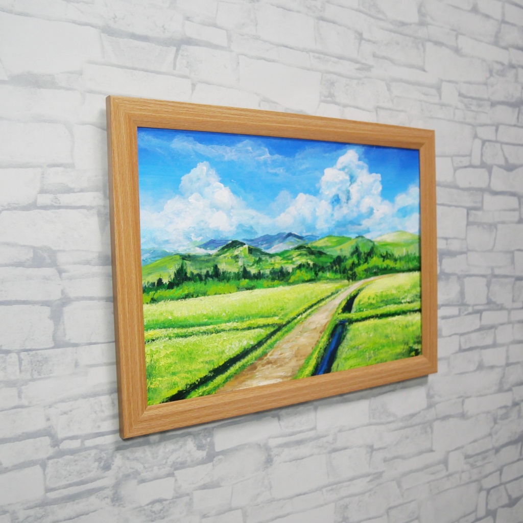 油彩画『あの夏の帰り道』青空と田んぼのノスタルジック風景画(額装済)