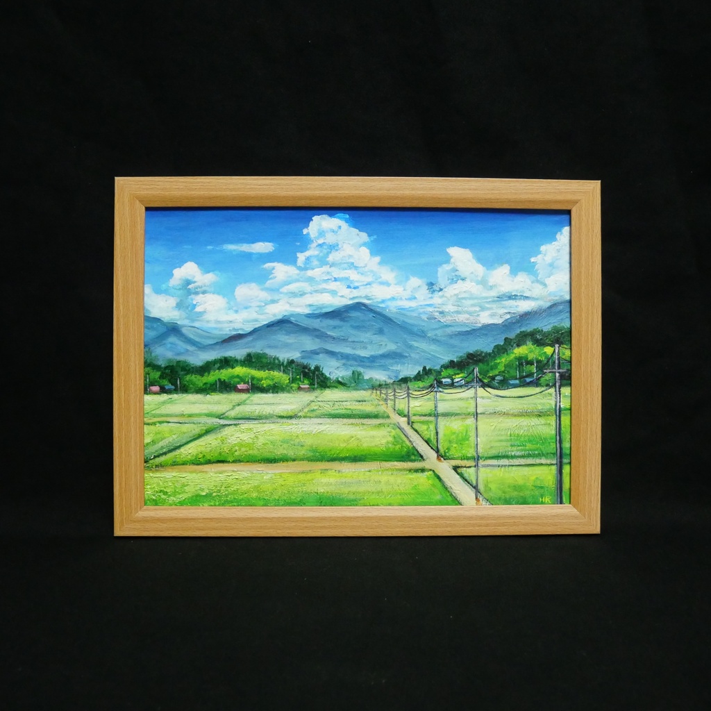 油彩画『あの夏の帰り道』青空と田んぼのノスタルジック風景画(額装済)