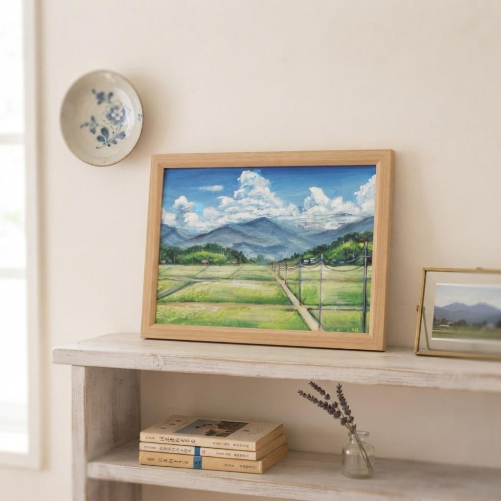 油彩画『あの夏の帰り道』青空と田んぼのノスタルジック風景画(額装済)