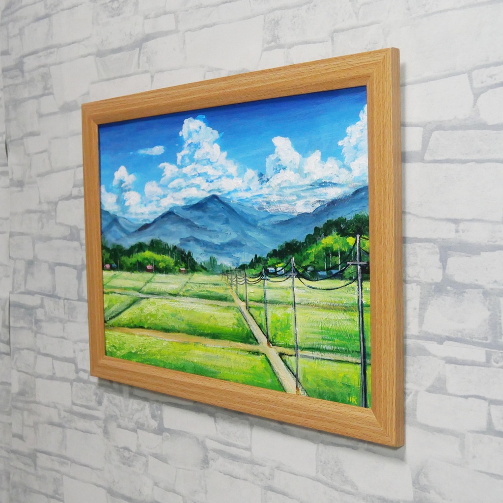油彩画『あの夏の帰り道』青空と田んぼのノスタルジック風景画(額装済)