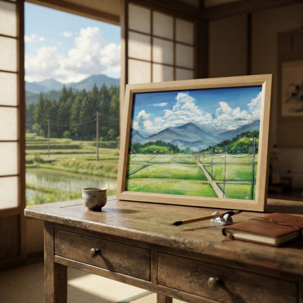油彩画『あの夏の帰り道』青空と田んぼのノスタルジック風景画(額装済)