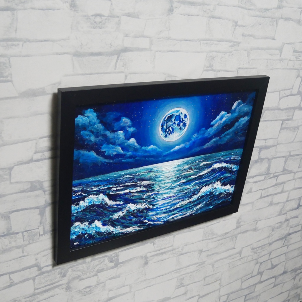 【油絵原画】奇跡の瞬き 〜海を照らす蒼き満月〜【額縁付き・立て掛け可】幻想風景・夏の一品・青の世界