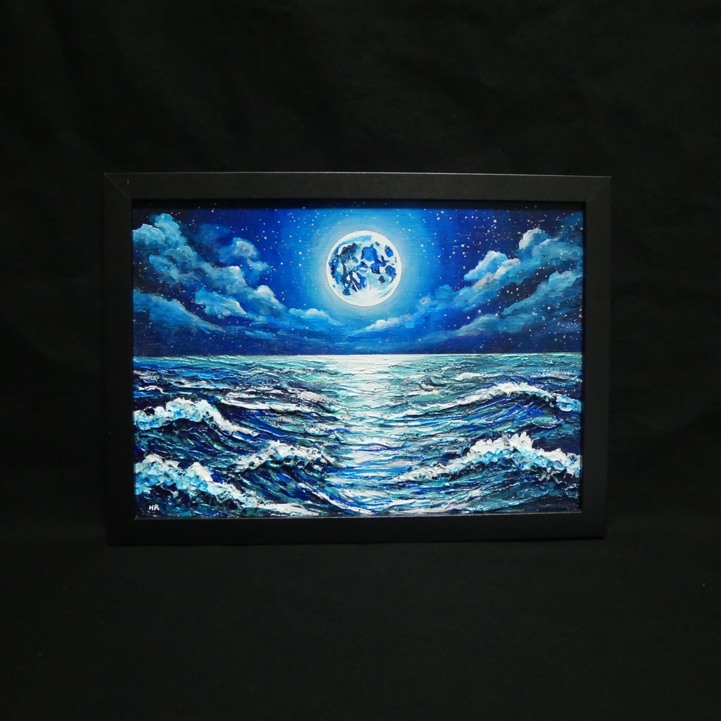 【油絵原画】奇跡の瞬き 〜海を照らす蒼き満月〜【額縁付き・立て掛け可】幻想風景・夏の一品・青の世界