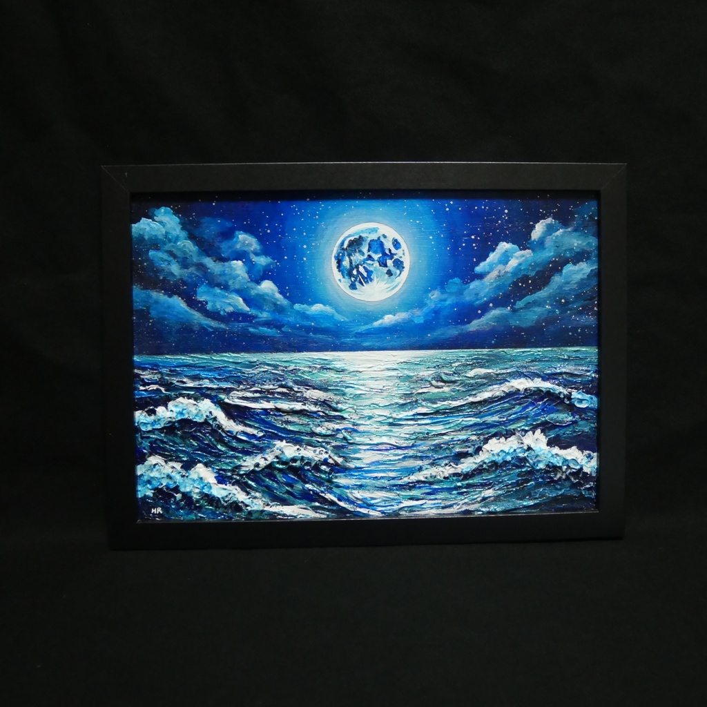 【油絵原画】奇跡の瞬き 〜海を照らす蒼き満月〜【額縁付き・立て掛け可】幻想風景・夏の一品・青の世界