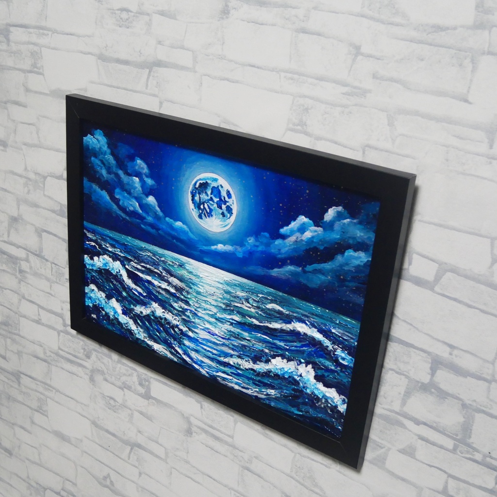 【油絵原画】奇跡の瞬き 〜海を照らす蒼き満月〜【額縁付き・立て掛け可】幻想風景・夏の一品・青の世界