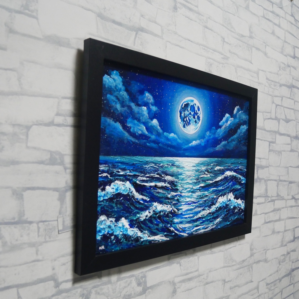 【油絵原画】奇跡の瞬き 〜海を照らす蒼き満月〜【額縁付き・立て掛け可】幻想風景・夏の一品・青の世界