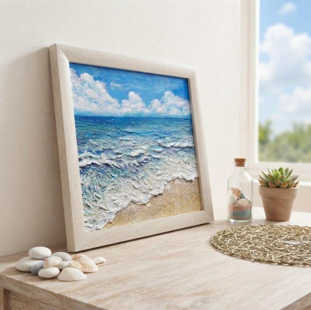 夏のインテリアに『潮騒の記憶』油彩画 3Dテクスチャーアート 海の絵 波と砂浜 額縁付 小さなアート