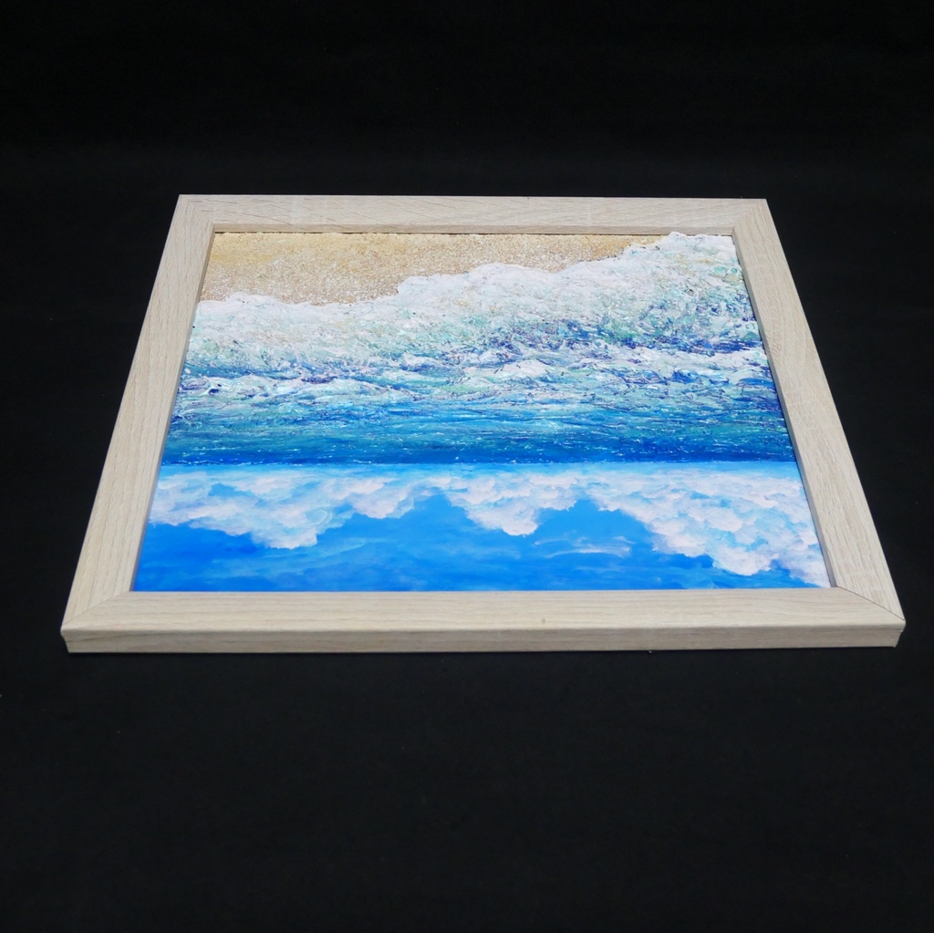 夏のインテリアに『潮騒の記憶』油彩画 3Dテクスチャーアート 海の絵 波と砂浜 額縁付 小さなアート