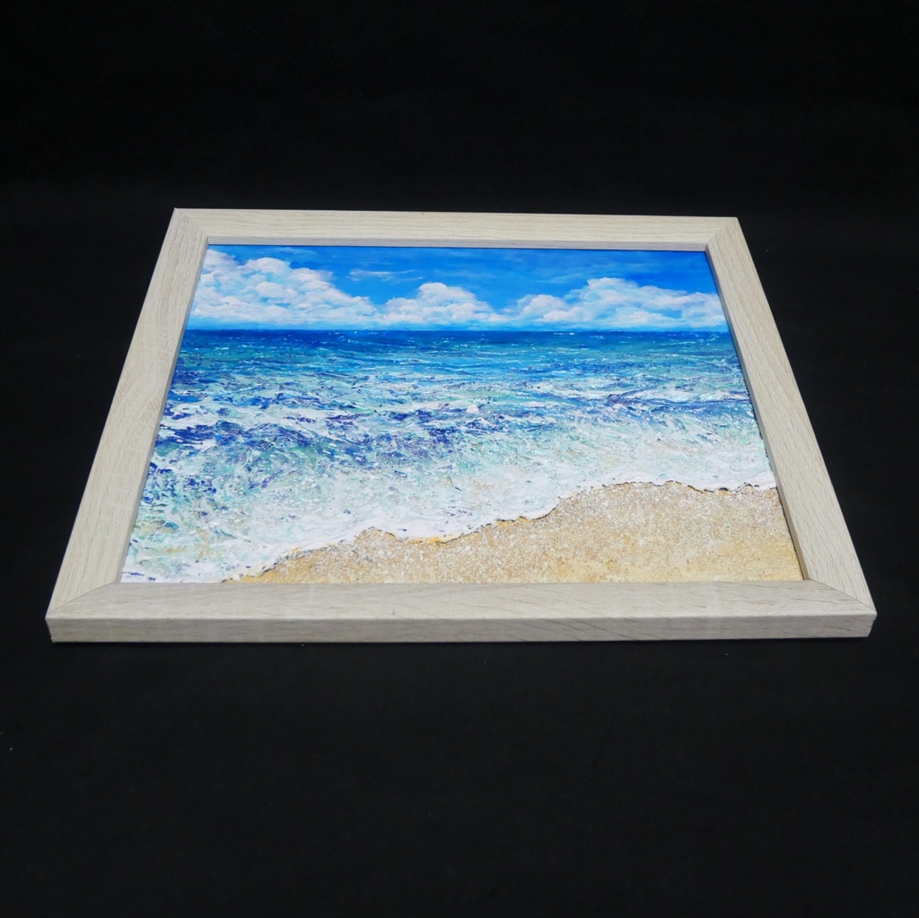 夏のインテリアに『潮騒の記憶』油彩画 3Dテクスチャーアート 海の絵 波と砂浜 額縁付 小さなアート