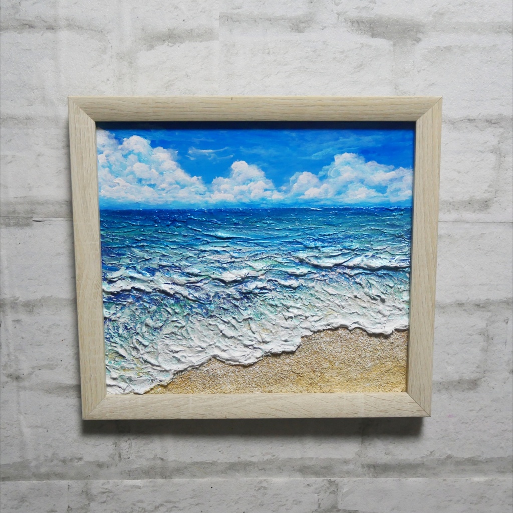 夏のインテリアに『潮騒の記憶』油彩画 3Dテクスチャーアート 海の絵 波と砂浜 額縁付 小さなアート