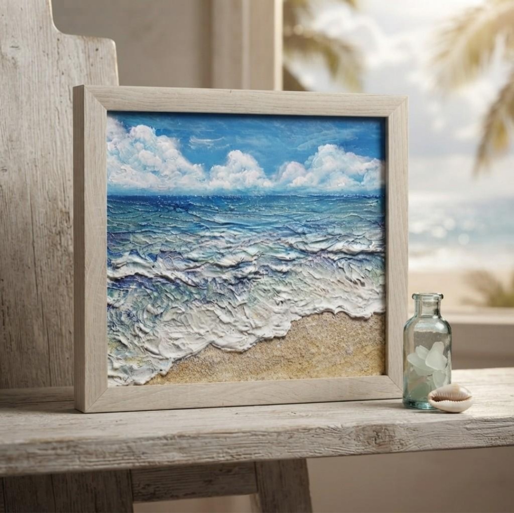 夏のインテリアに『潮騒の記憶』油彩画 3Dテクスチャーアート 海の絵 波と砂浜 額縁付 小さなアート