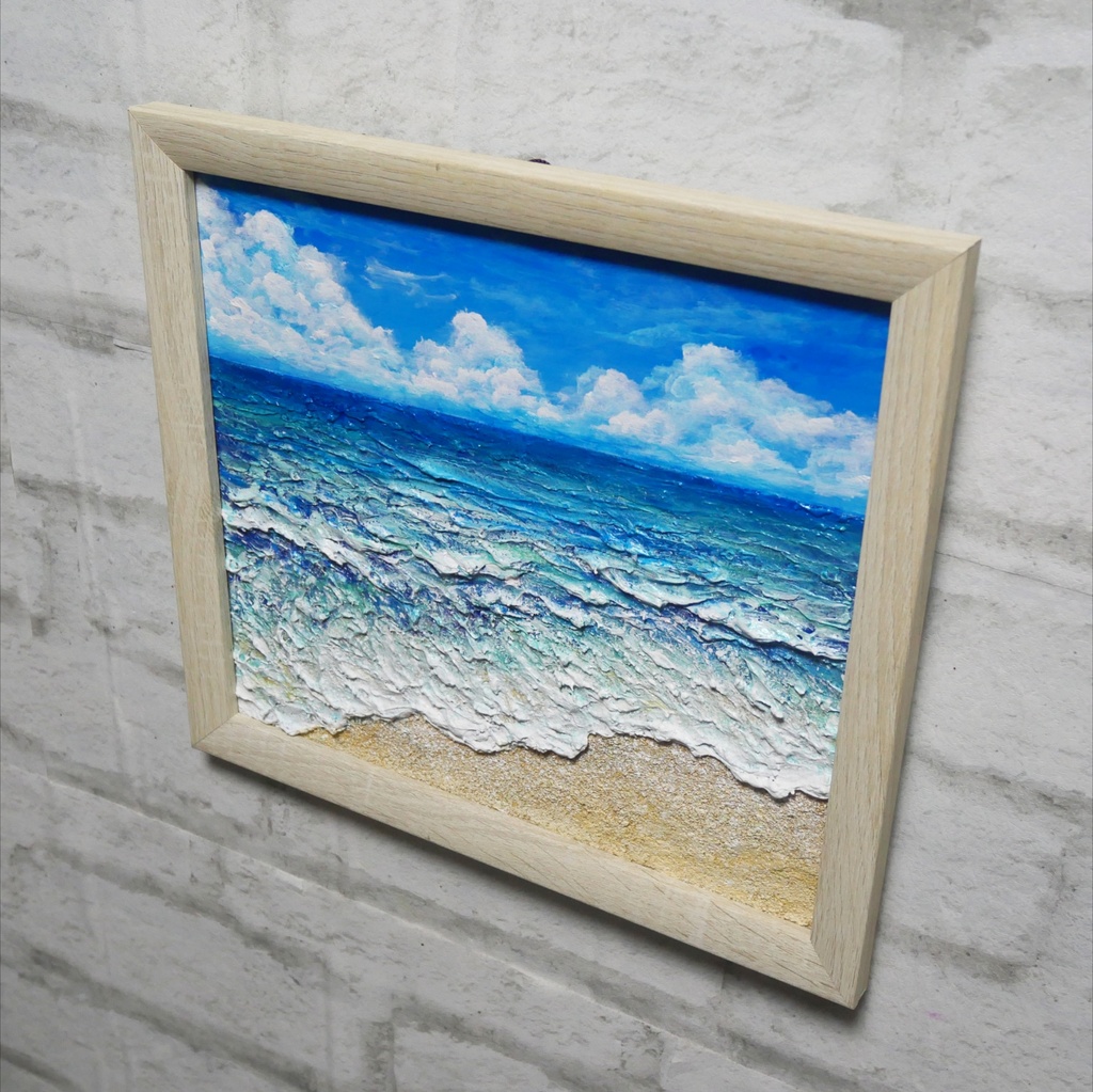 夏のインテリアに『潮騒の記憶』油彩画 3Dテクスチャーアート 海の絵 波と砂浜 額縁付 小さなアート