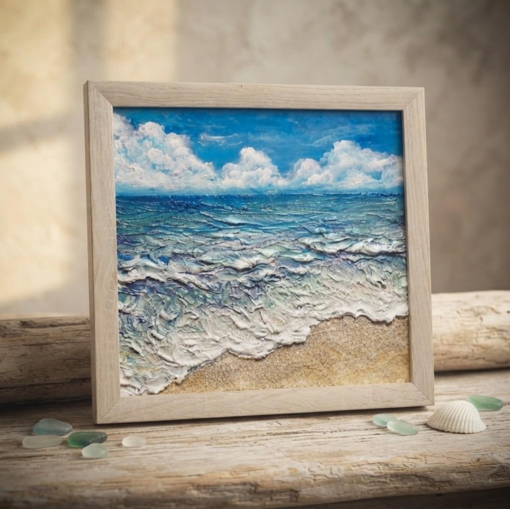 夏のインテリアに『潮騒の記憶』油彩画 3Dテクスチャーアート 海の絵 波と砂浜 額縁付 小さなアート