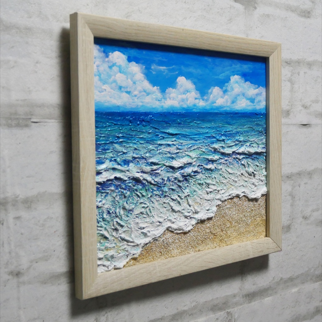 夏のインテリアに『潮騒の記憶』油彩画 3Dテクスチャーアート 海の絵 波と砂浜 額縁付 小さなアート