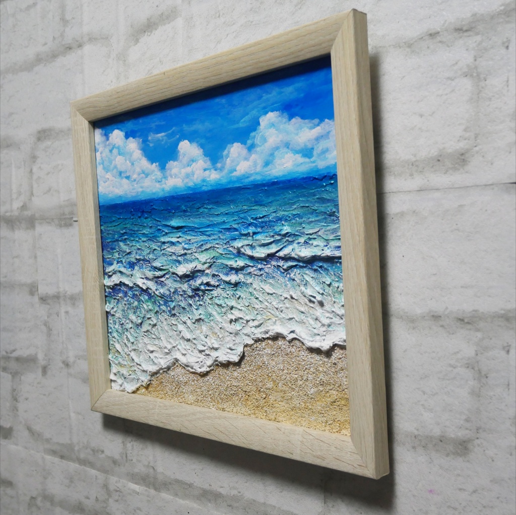 夏のインテリアに『潮騒の記憶』油彩画 3Dテクスチャーアート 海の絵 波と砂浜 額縁付 小さなアート