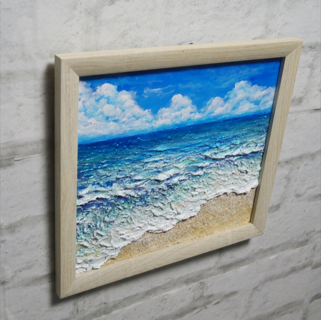 夏のインテリアに『潮騒の記憶』油彩画 3Dテクスチャーアート 海の絵 波と砂浜 額縁付 小さなアート