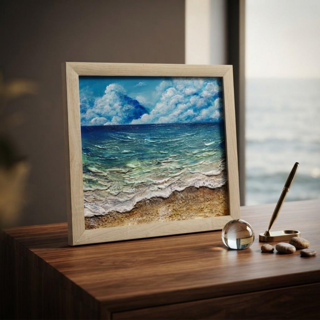 【夏を彩る青の世界】原画『深呼吸する、エメラルド・ビーチ』油絵/油彩画/海/インテリア/北欧