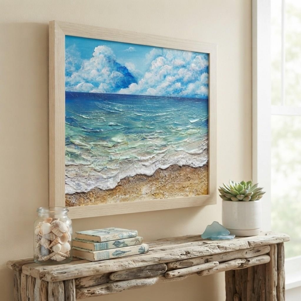 【夏を彩る青の世界】原画『深呼吸する、エメラルド・ビーチ』油絵/油彩画/海/インテリア/北欧