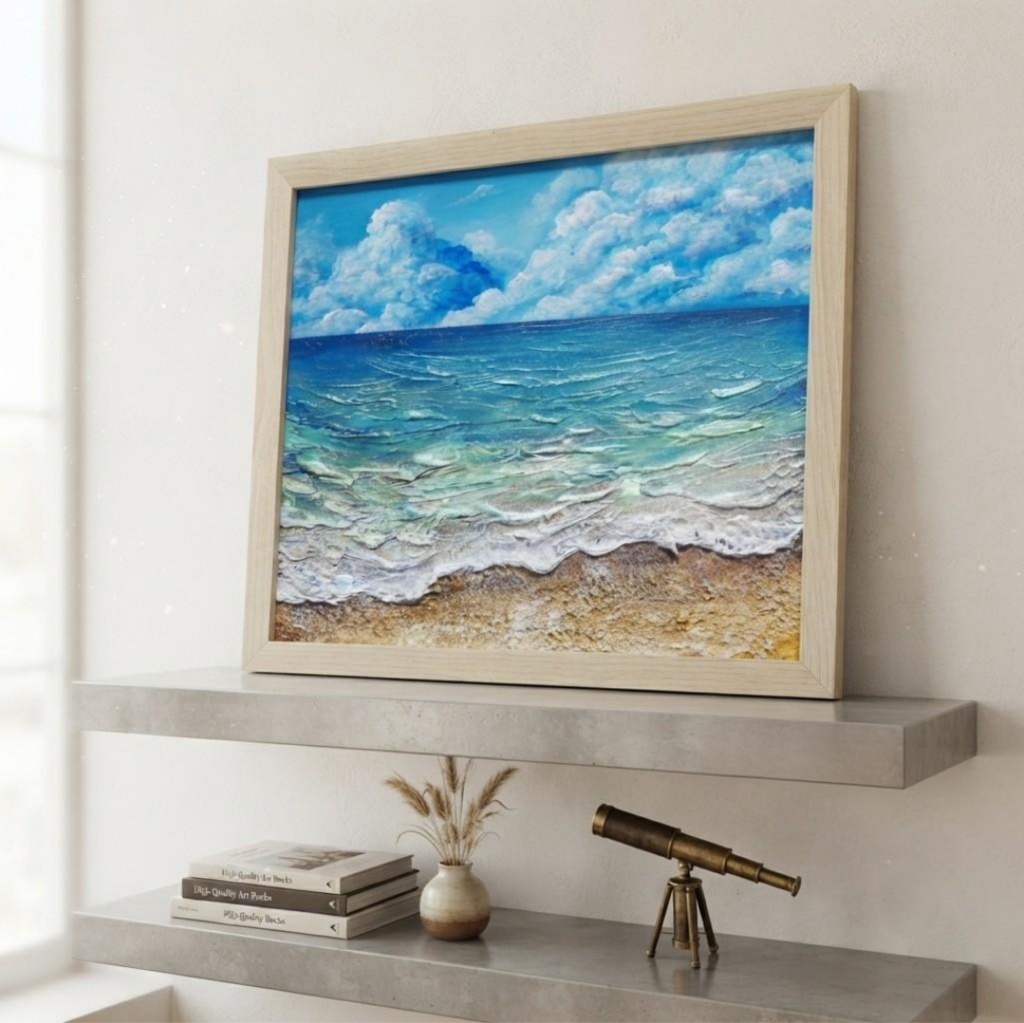 【夏を彩る青の世界】原画『深呼吸する、エメラルド・ビーチ』油絵/油彩画/海/インテリア/北欧
