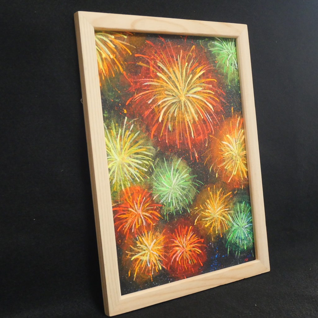 【百花繚乱の夜に】 油絵 原画 『花火』 額縁付き / 夏のインテリア アート 絵画 壁掛け