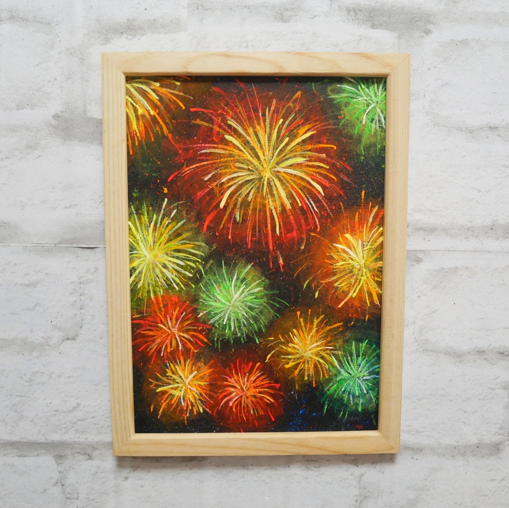 【百花繚乱の夜に】 油絵 原画 『花火』 額縁付き / 夏のインテリア アート 絵画 壁掛け