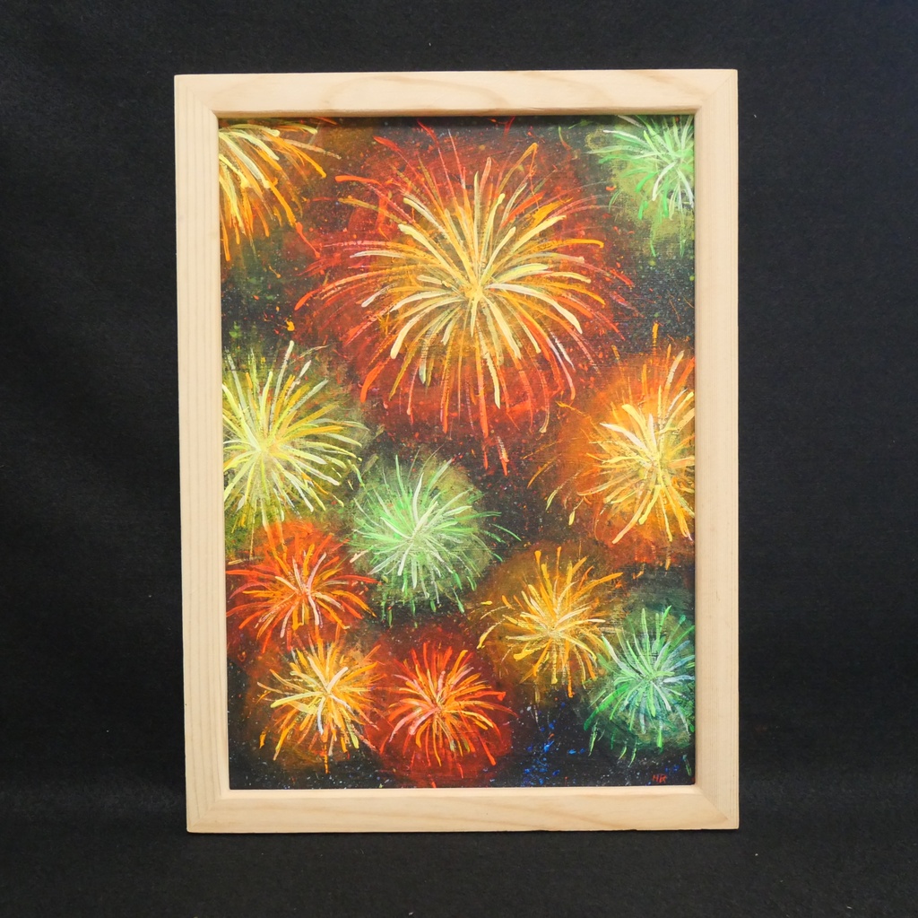 【百花繚乱の夜に】 油絵 原画 『花火』 額縁付き / 夏のインテリア アート 絵画 壁掛け