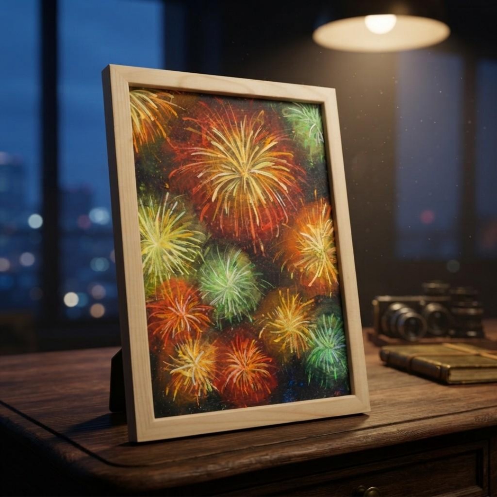 【百花繚乱の夜に】 油絵 原画 『花火』 額縁付き / 夏のインテリア アート 絵画 壁掛け