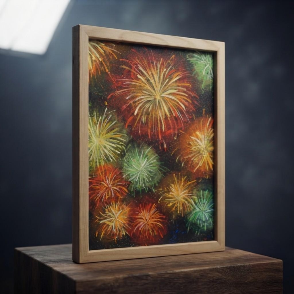 【百花繚乱の夜に】 油絵 原画 『花火』 額縁付き / 夏のインテリア アート 絵画 壁掛け