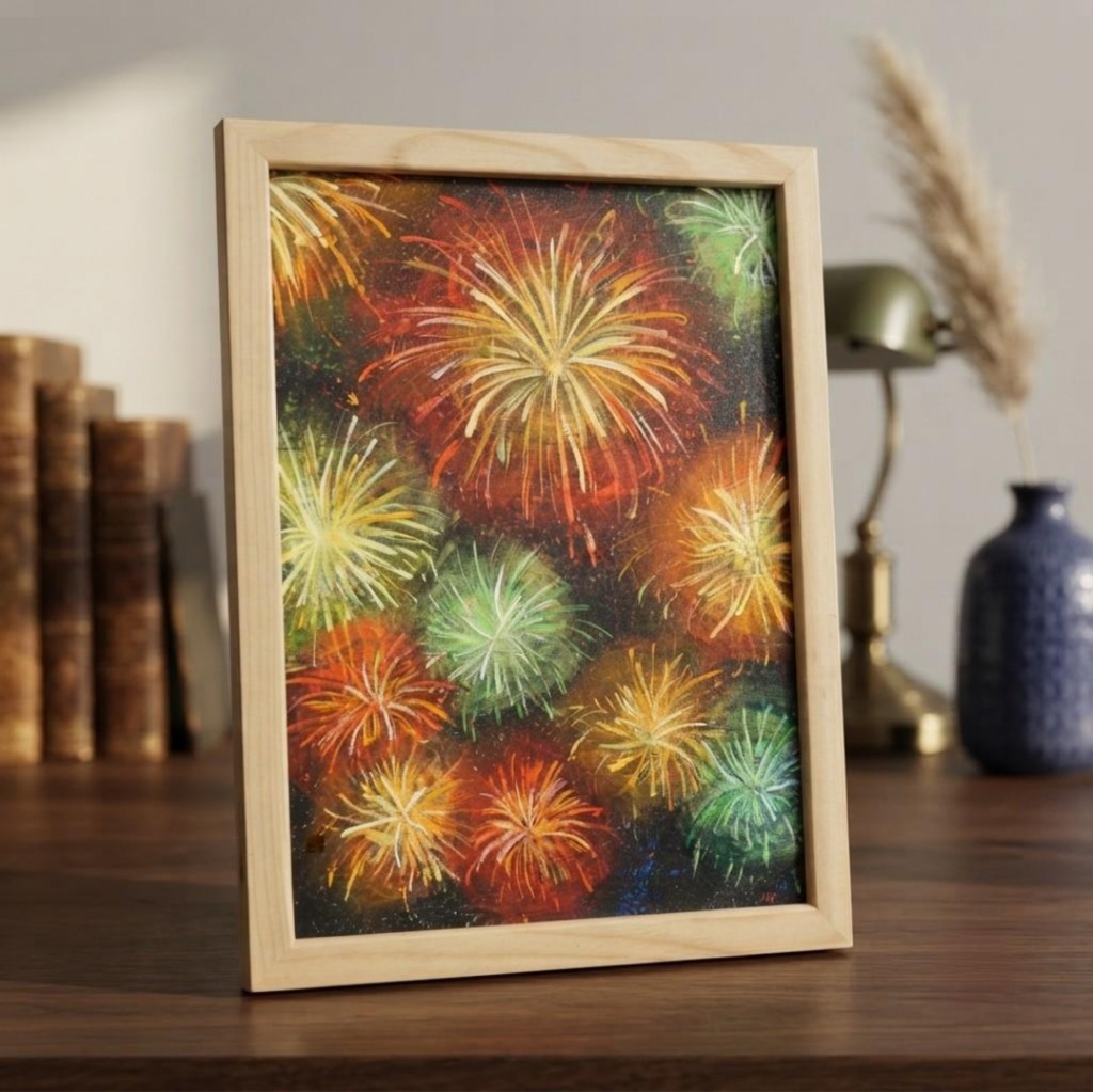【百花繚乱の夜に】 油絵 原画 『花火』 額縁付き / 夏のインテリア アート 絵画 壁掛け