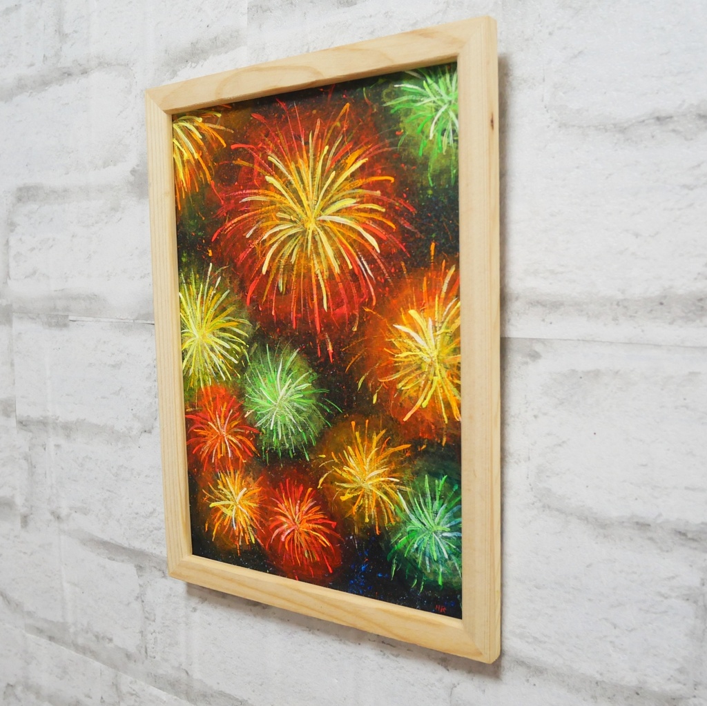 【百花繚乱の夜に】 油絵 原画 『花火』 額縁付き / 夏のインテリア アート 絵画 壁掛け