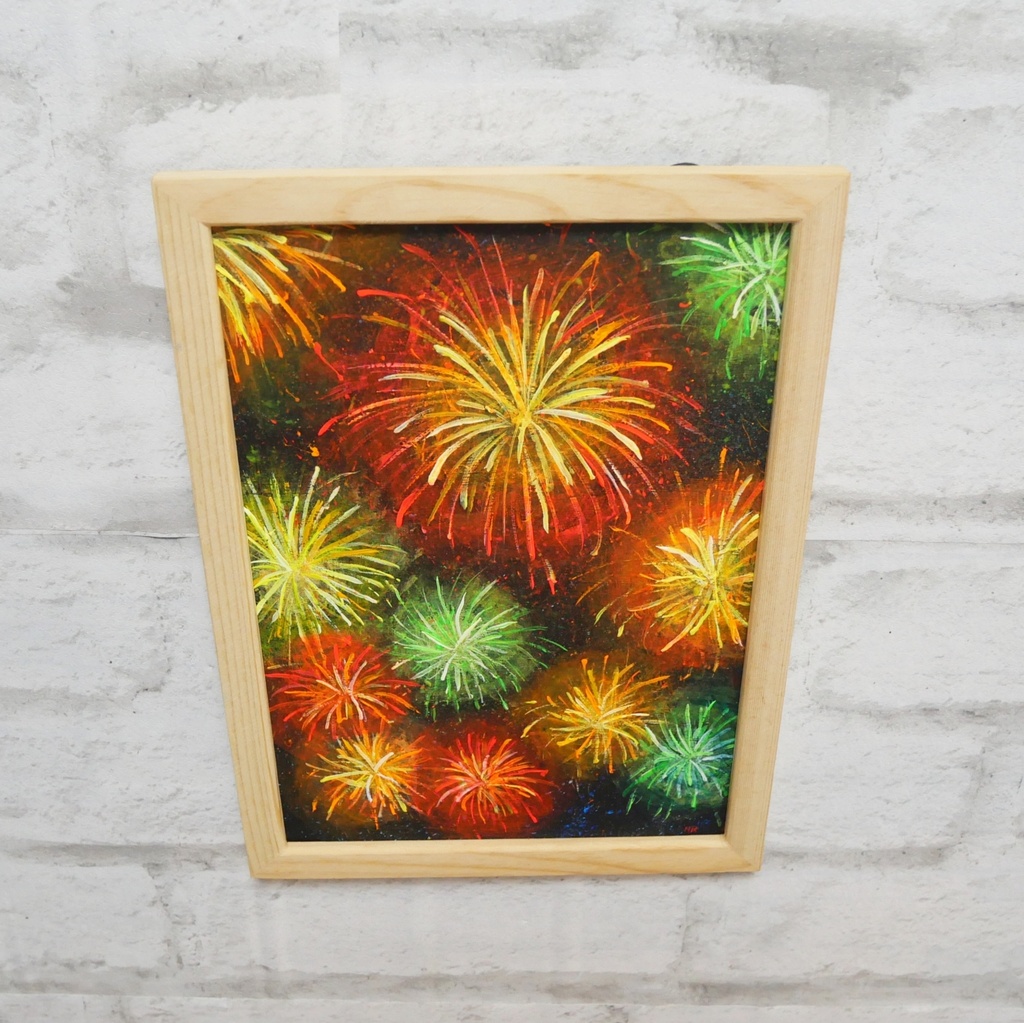 【百花繚乱の夜に】 油絵 原画 『花火』 額縁付き / 夏のインテリア アート 絵画 壁掛け